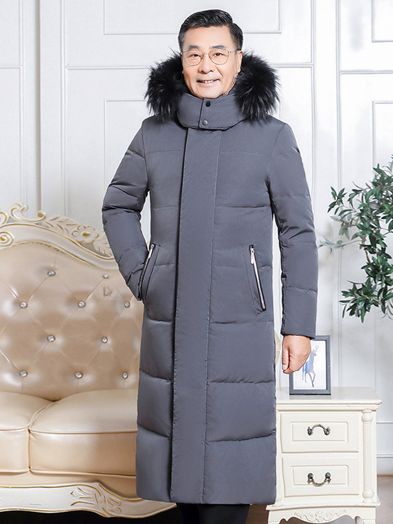 Men'S Long Warm Hooded Coat with Faux Fur Collar | Thickened Winter Jacket for Middle-Aged and Elderly Men, Solid Color, Regular Fit, Zipper Closure