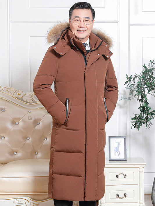 Men'S Long Warm Hooded Coat with Faux Fur Collar | Thickened Winter Jacket for Middle-Aged and Elderly Men, Solid Color, Regular Fit, Zipper Closure
