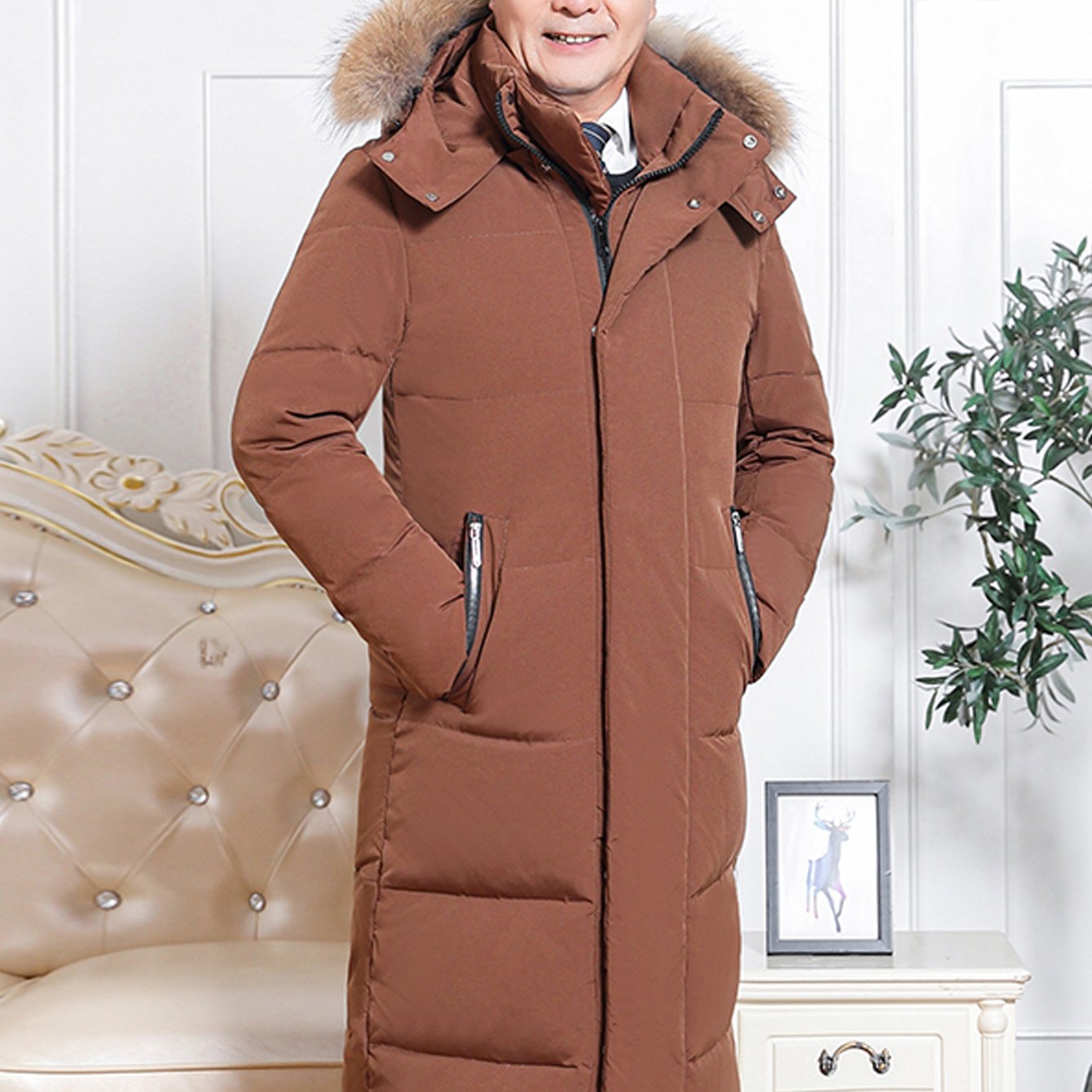 Men'S Long Warm Hooded Coat with Faux Fur Collar | Thickened Winter Jacket for Middle-Aged and Elderly Men, Solid Color, Regular Fit, Zipper Closure