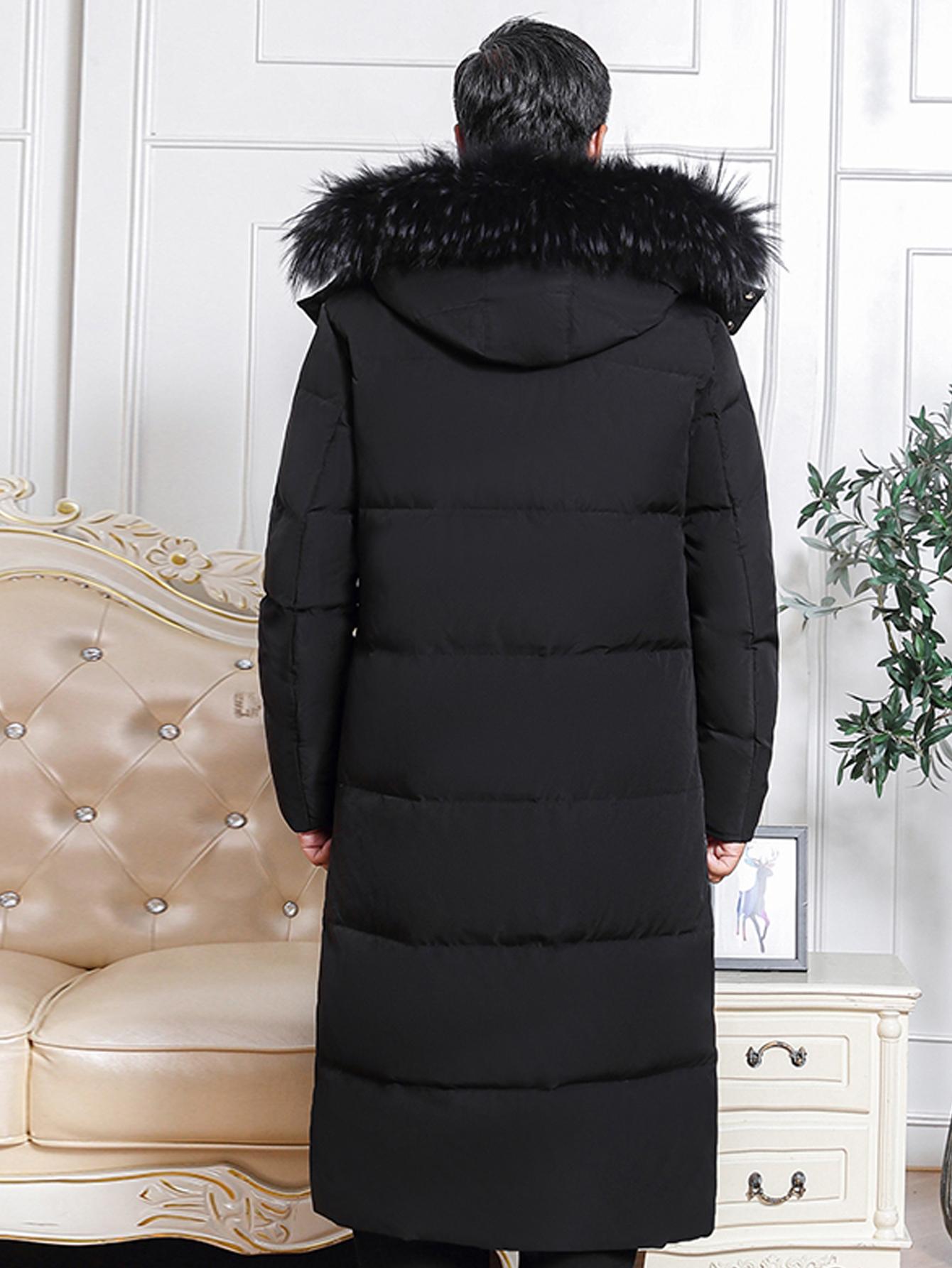 Men'S Long Warm Hooded Coat with Faux Fur Collar | Thickened Winter Jacket for Middle-Aged and Elderly Men, Solid Color, Regular Fit, Zipper Closure