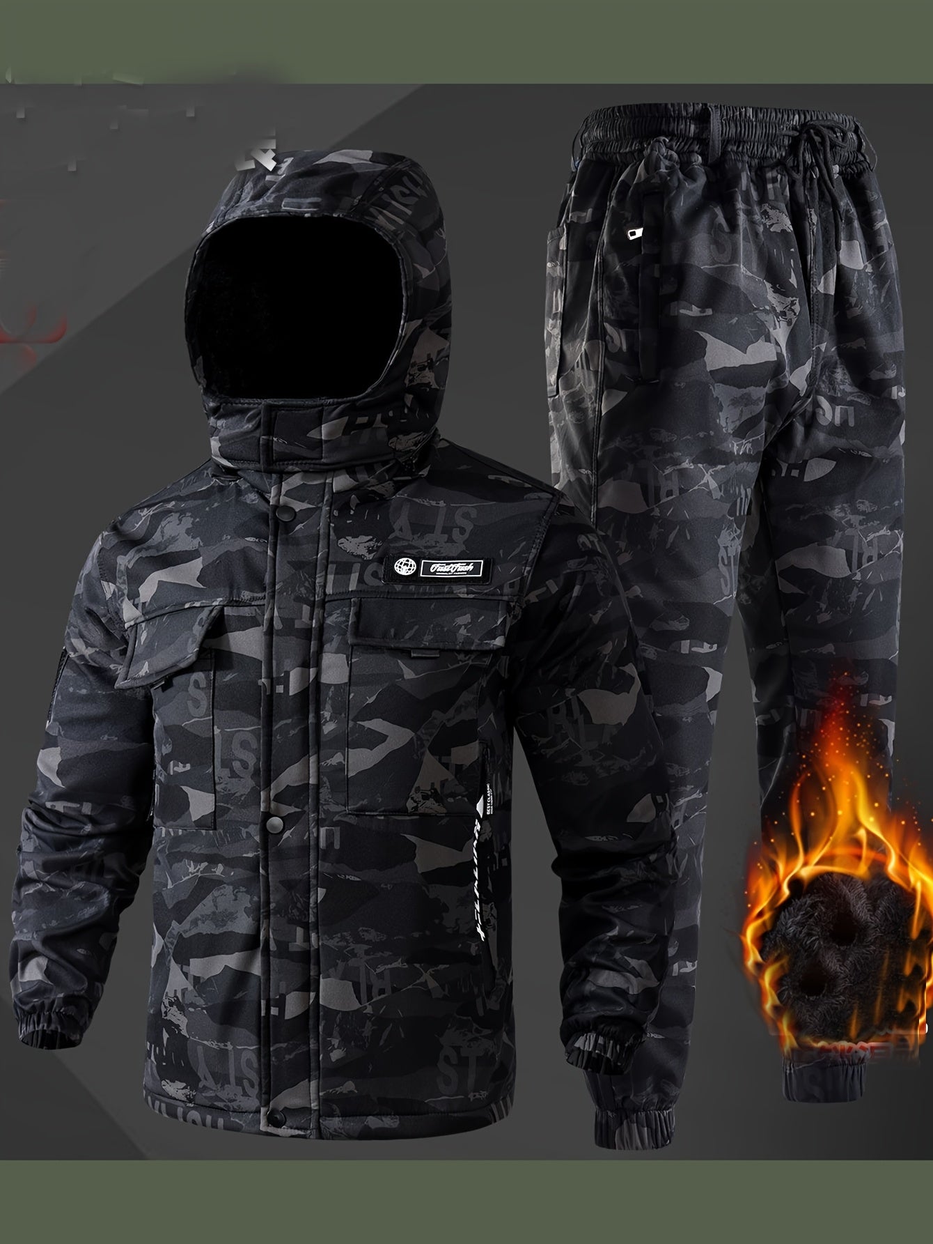 Men's Thickened Multi-Pocket Camouflage Winter Jacket and Pants Set, Perfect for Winter Outdoor Sports and Warmth Thickened Multi-Pocket Camouflage Winter Jacket and Cold-Resistant Pants Set