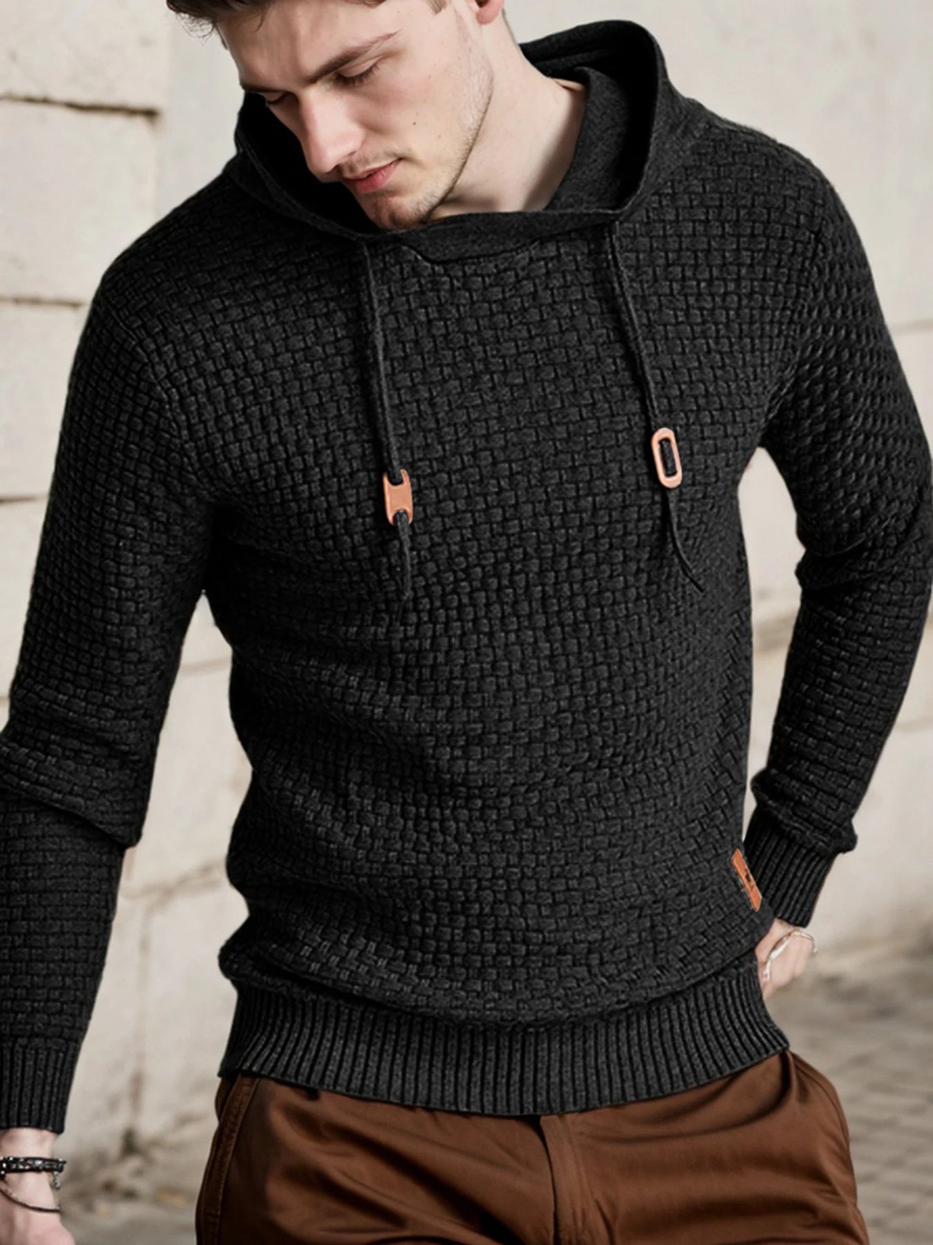 Men's Hooded Long-Sleeved Knitted Casual Pullover Sweater