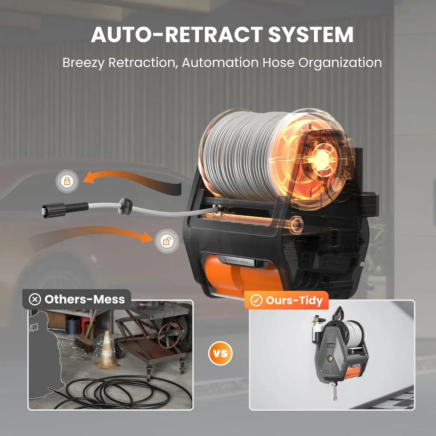 Giraffe Tools Grandfalls Pressure Washer PRO, Max 3300 PSI, 1.6 GPM, Electric Wall Mounted Power Washer with 100FT Reel