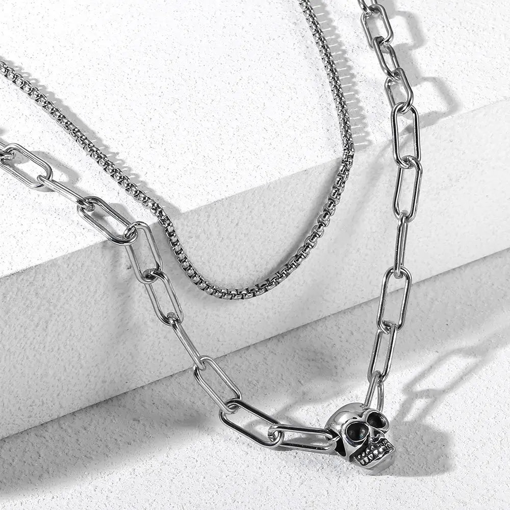 Double Layered Stainless Steel Box Cable Chain Skull Charm Choker Necklace for Men Toggle Clasp New Fashion Jewelry