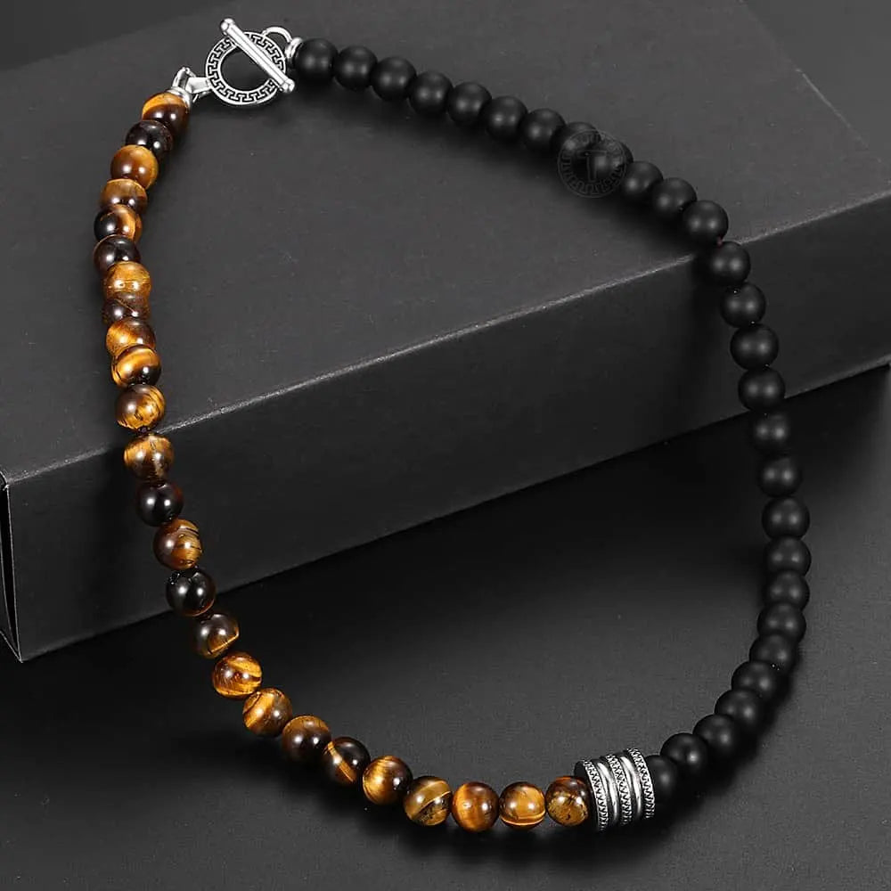 Men Women Natural Tiger Eyes Stone Matte Black Bead Necklace for Stainless Steel Charm Black Glass Bead Necklace Toggle Clasp