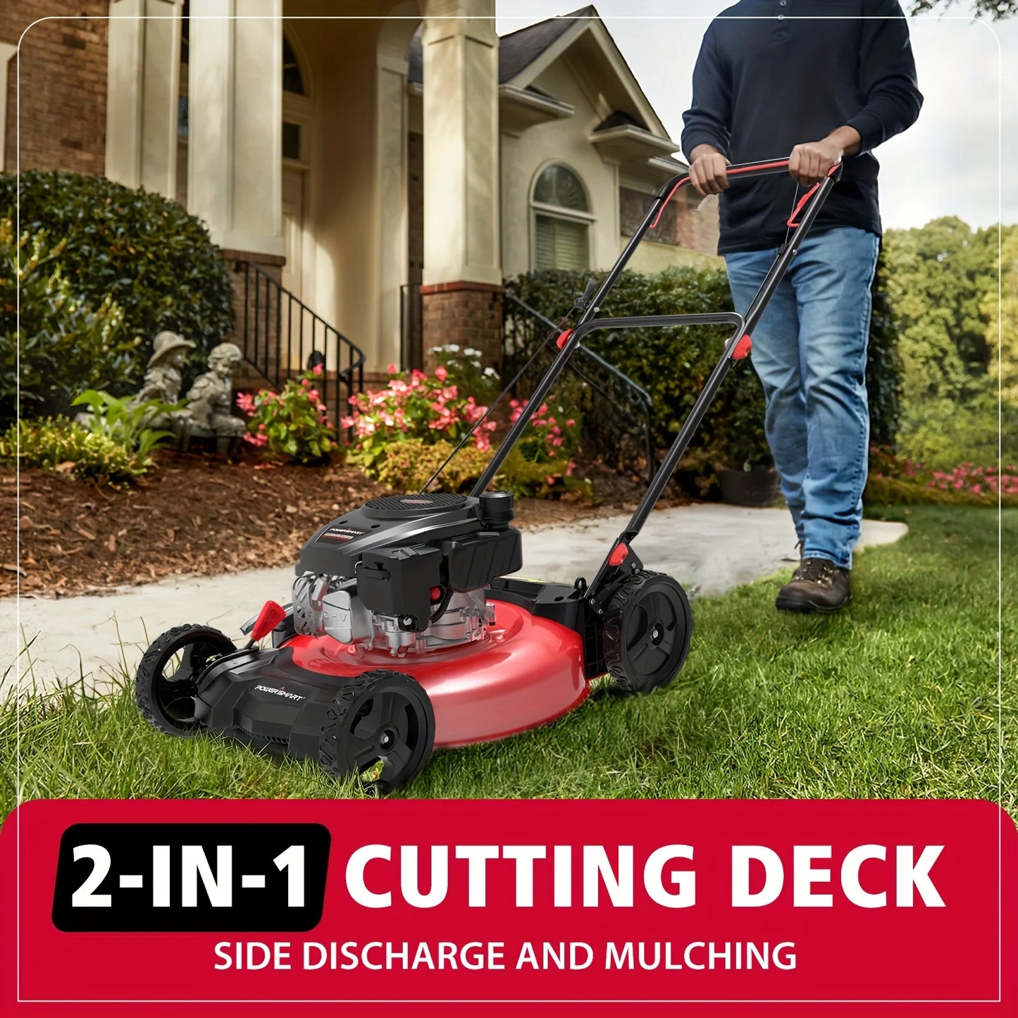 PowerSmart 21 in. 144cc Gas Push Lawn Mower, 2-in-1 Mulching and Discharge, 6-Position Height Adjustment, High Rear Wheels, Gard
