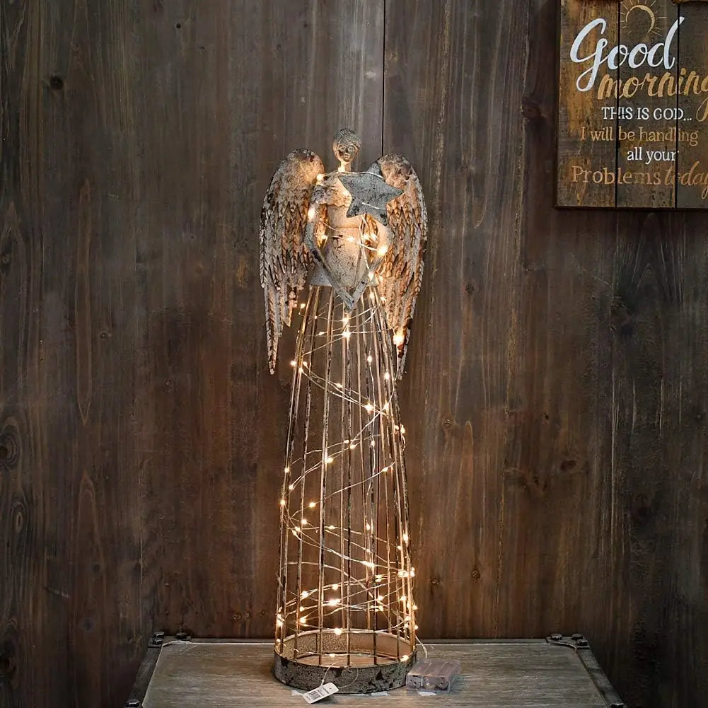 26 Inch Tall Antiqued Metal Garden Angel Statue with Star Wand, Indoor Outdoor Yard Art Decor Lawn Patio Decorations Holiday Pre