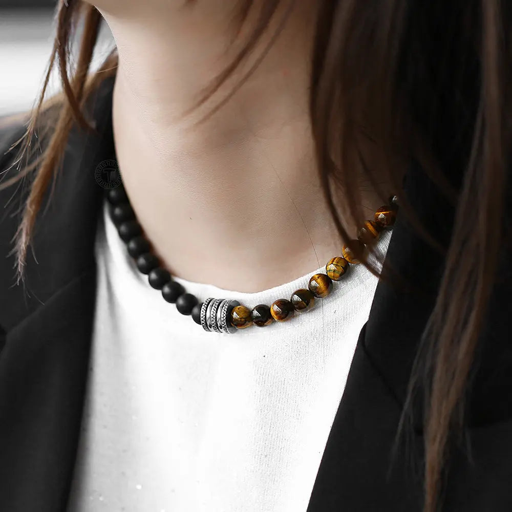 Men Women Natural Tiger Eyes Stone Matte Black Bead Necklace for Stainless Steel Charm Black Glass Bead Necklace Toggle Clasp