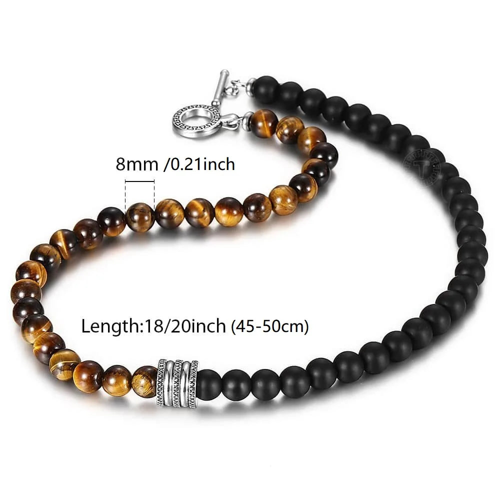 Men Women Natural Tiger Eyes Stone Matte Black Bead Necklace for Stainless Steel Charm Black Glass Bead Necklace Toggle Clasp