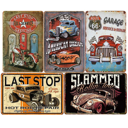 5pcs Vintage American Garage Metal Tin Sign Set - Classic Car & Motorcycle Wall Decor - 8x12 inch Iron Art for Man Cave, Home