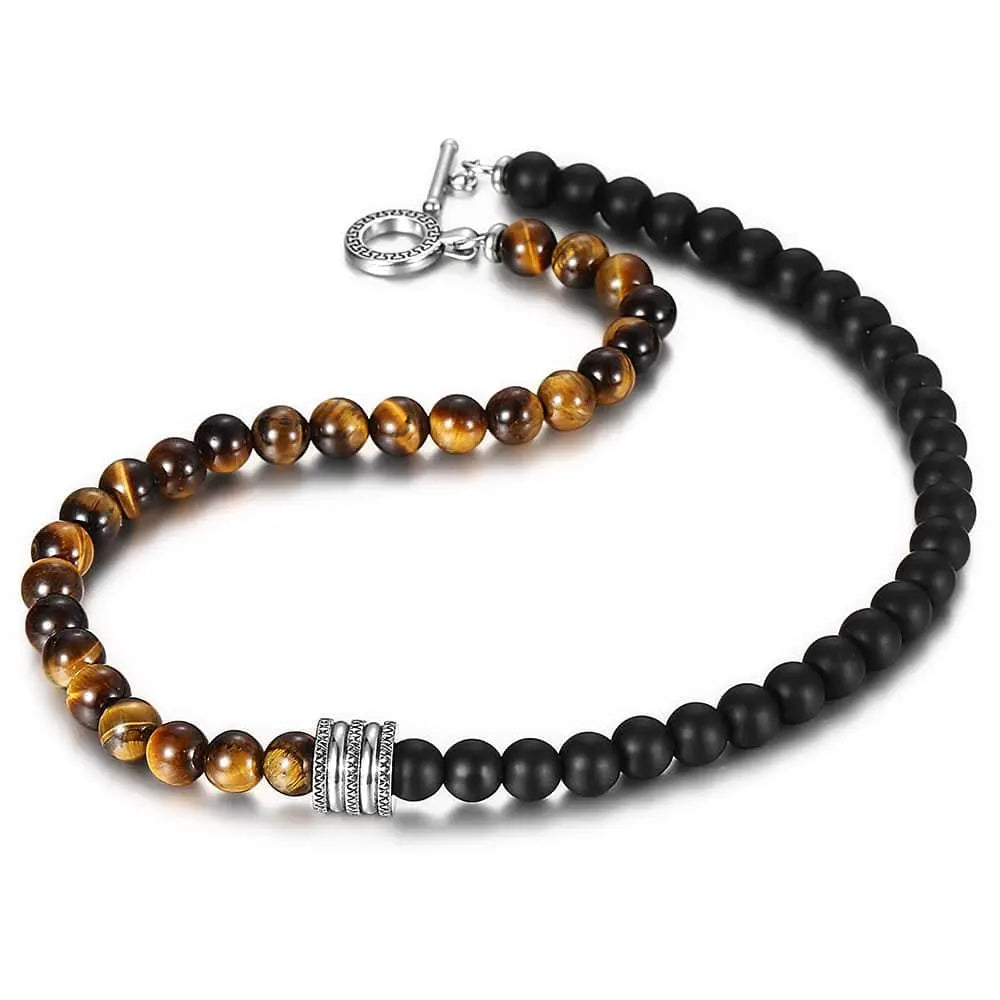 Men Women Natural Tiger Eyes Stone Matte Black Bead Necklace for Stainless Steel Charm Black Glass Bead Necklace Toggle Clasp