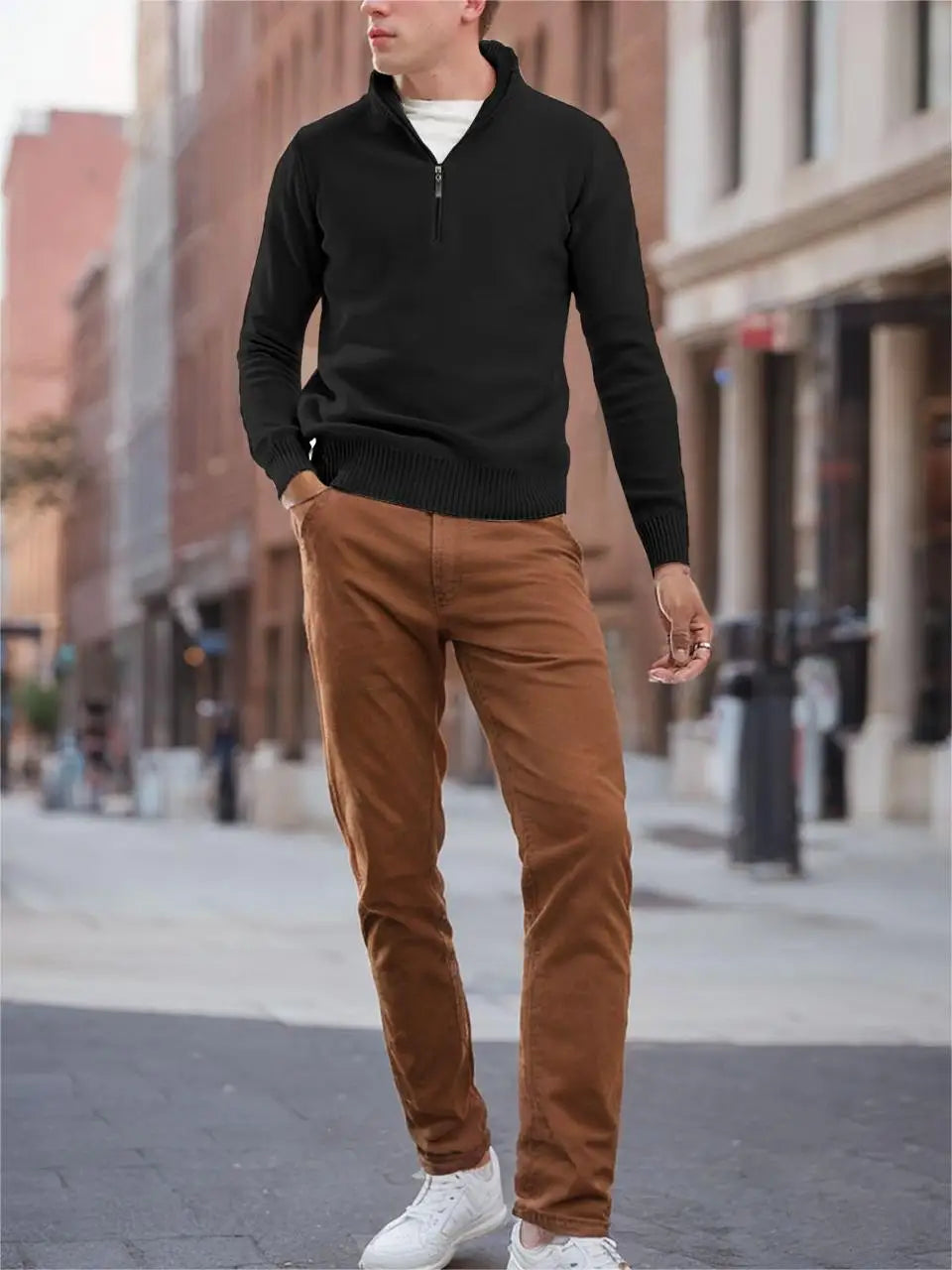 Men's Slim Fit Knitted Quarter Zip Turtleneck Sweater Casual Long Sleeve Mock Neck Pullover
