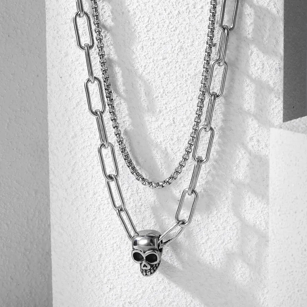 Double Layered Stainless Steel Box Cable Chain Skull Charm Choker Necklace for Men Toggle Clasp New Fashion Jewelry