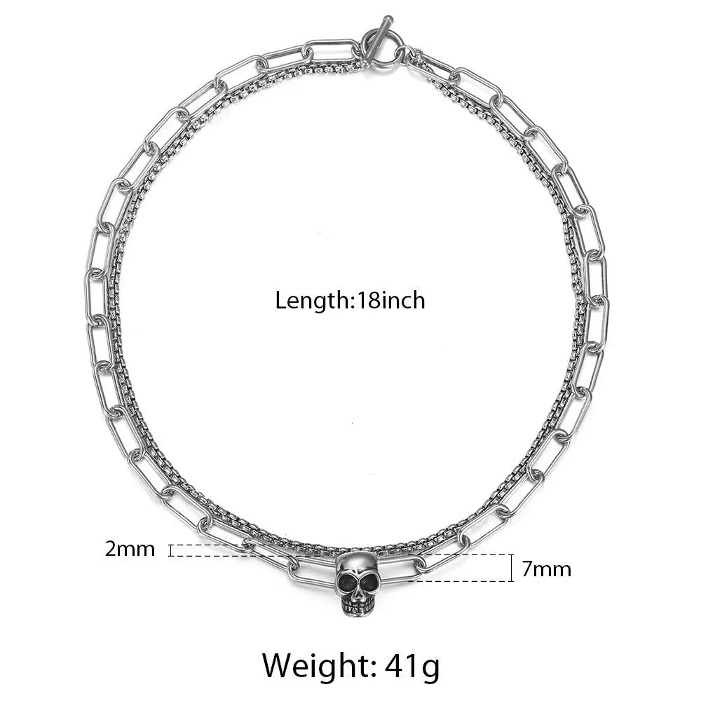 Double Layered Stainless Steel Box Cable Chain Skull Charm Choker Necklace for Men Toggle Clasp New Fashion Jewelry