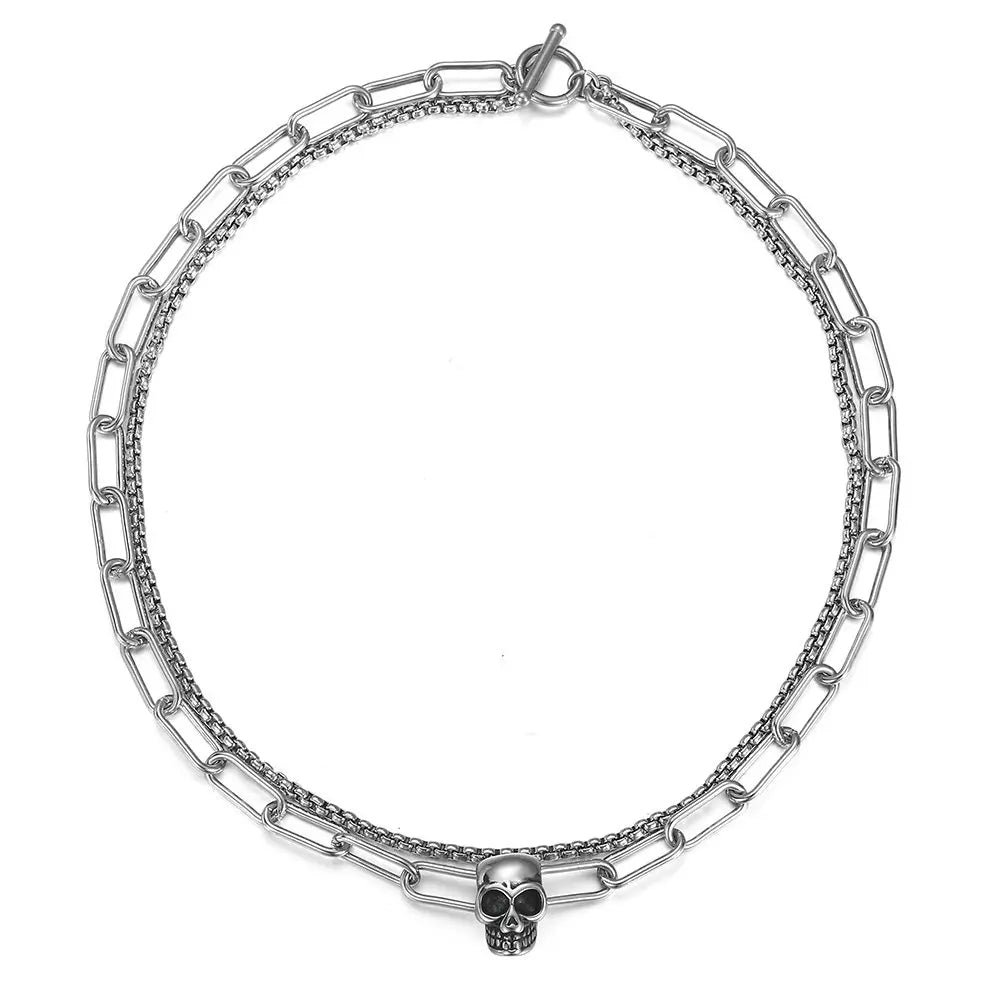 Double Layered Stainless Steel Box Cable Chain Skull Charm Choker Necklace for Men Toggle Clasp New Fashion Jewelry