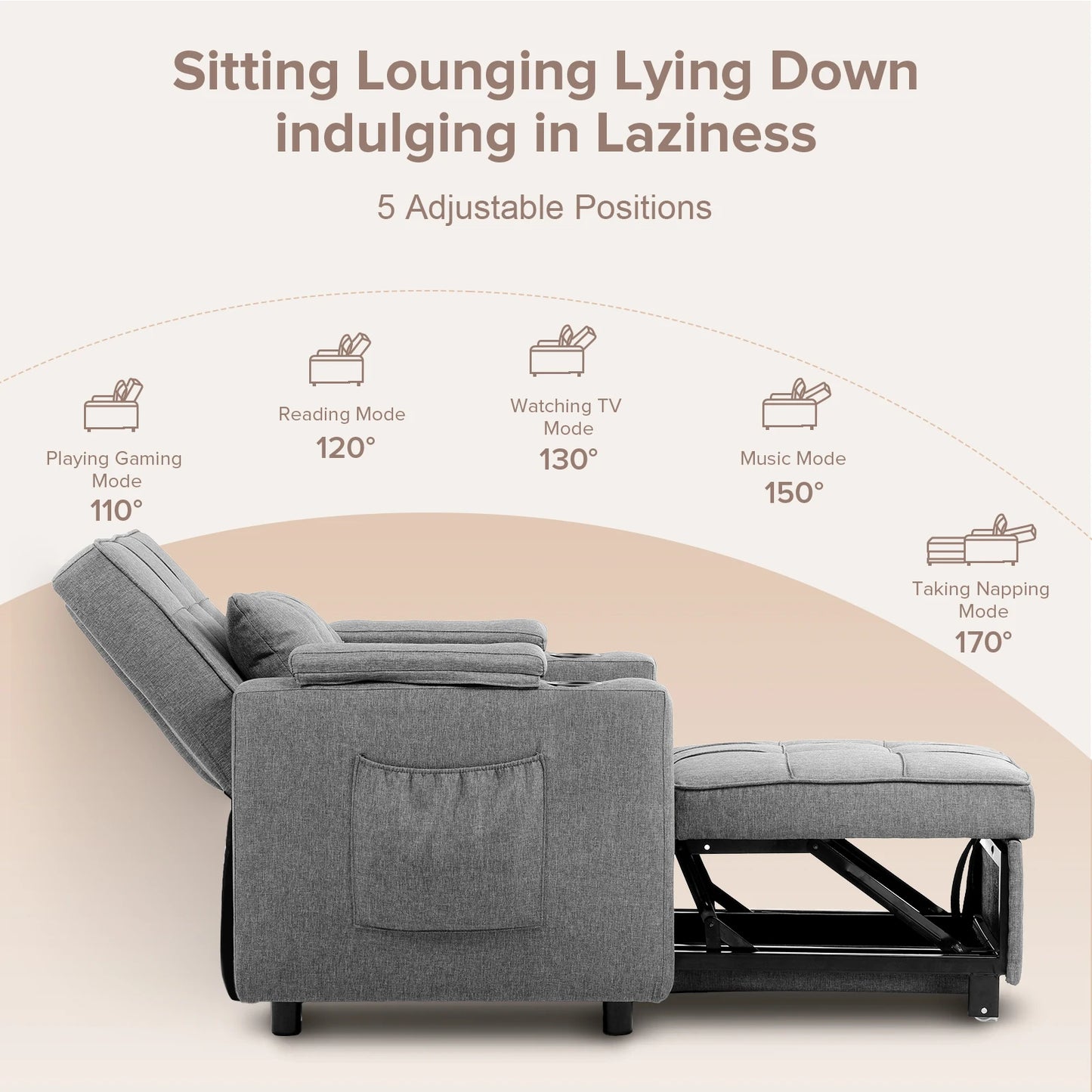 Comhoma Convertible Sofa Bed Armchair with Cup Holders, 3-in-1 Futon Bed Chair with Side Pocket (Drak Grey)