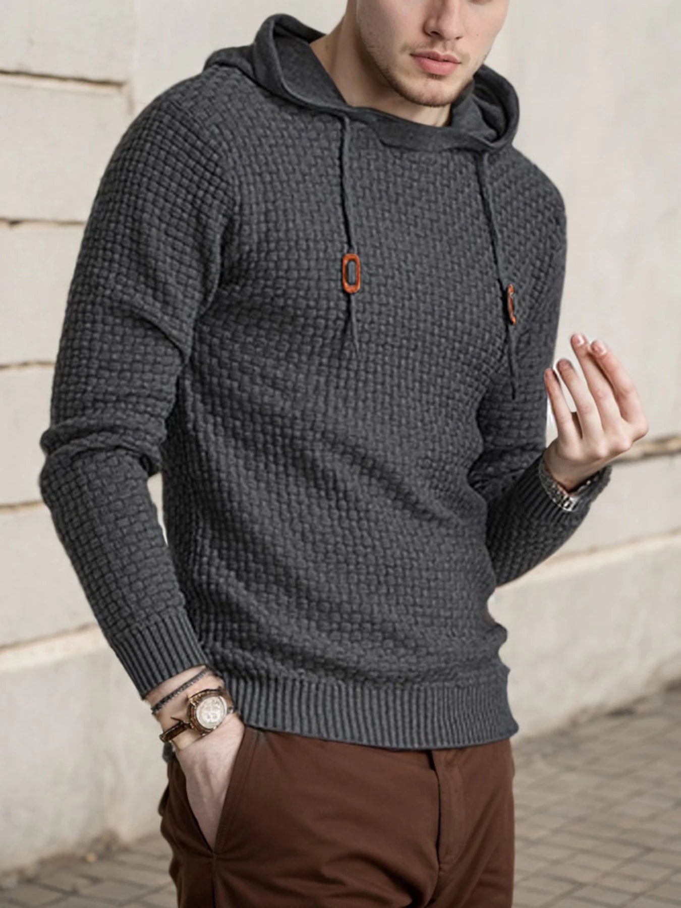 Men's Hooded Long-Sleeved Knitted Casual Pullover Sweater