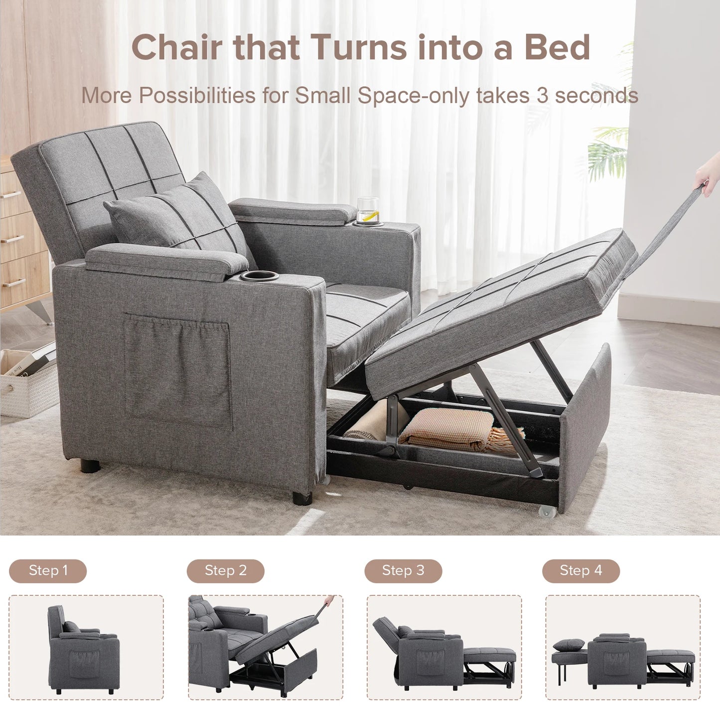Comhoma Convertible Sofa Bed Armchair with Cup Holders, 3-in-1 Futon Bed Chair with Side Pocket (Drak Grey)