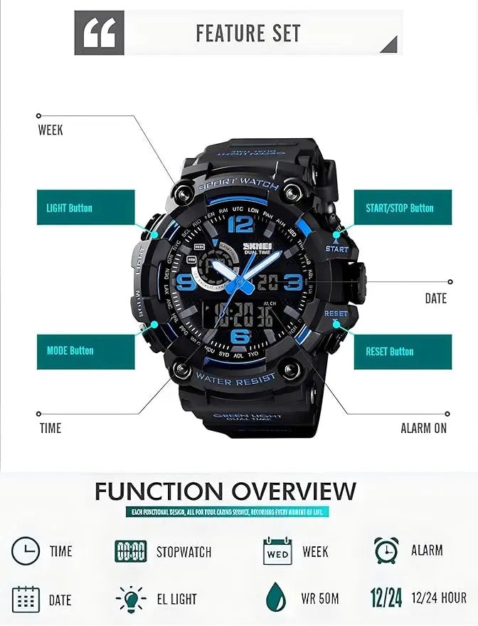 Men's Large Face Outdoor Sports Watches Military S-Shock Watch Waterproof, Backlight, Alarm, Stopwatch Features - Rugged Wristwa