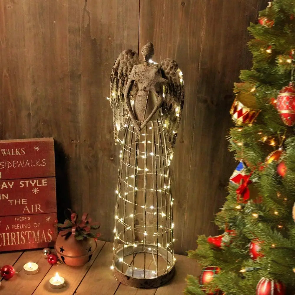 26 Inch Tall Antiqued Metal Garden Angel Statue with Star Wand, Indoor Outdoor Yard Art Decor Lawn Patio Decorations Holiday Pre
