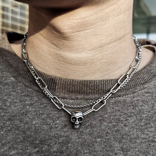 Double Layered Stainless Steel Box Cable Chain Skull Charm Choker Necklace for Men Toggle Clasp New Fashion Jewelry