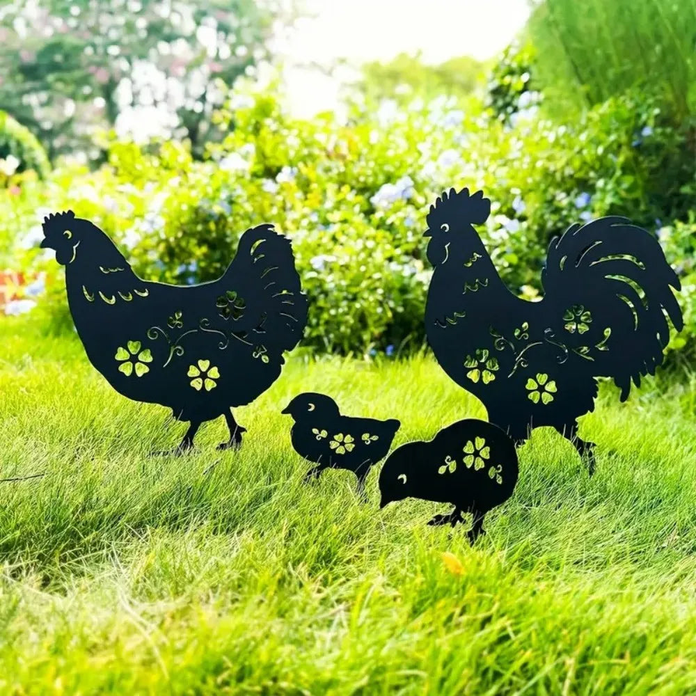 4pc Garden Stakes Chicken Gifts For Women/Men Chicken Lovers Gifts Silhouette Statues For Yard Art, Outside, Patio, Outdoor Deco