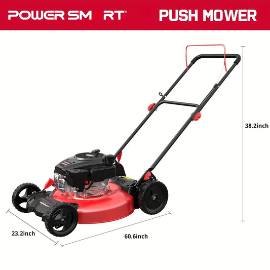 PowerSmart 21 in. 144cc Gas Push Lawn Mower, 2-in-1 Mulching and Discharge, 6-Position Height Adjustment, High Rear Wheels, Gard