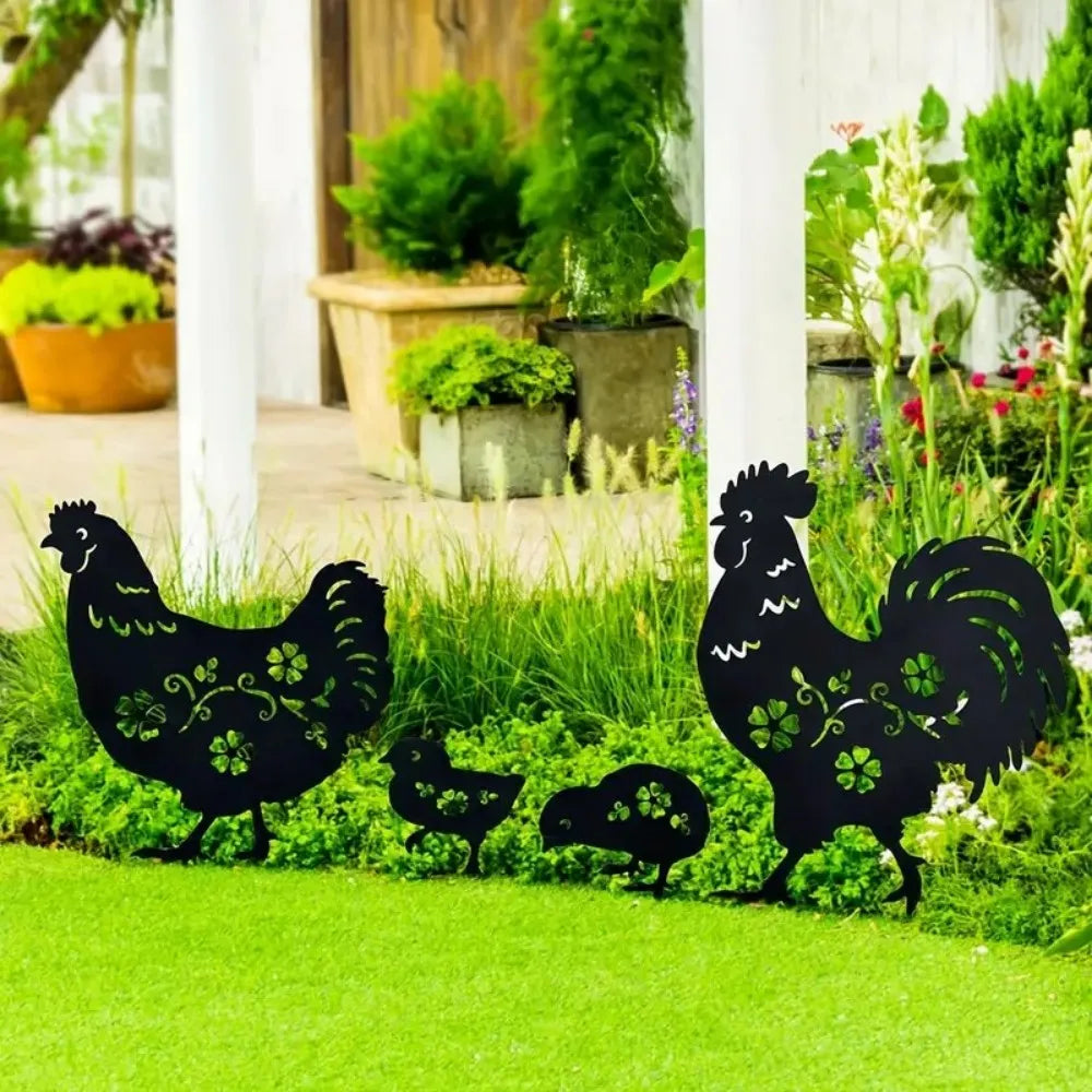 4pc Garden Stakes Chicken Gifts For Women/Men Chicken Lovers Gifts Silhouette Statues For Yard Art, Outside, Patio, Outdoor Deco