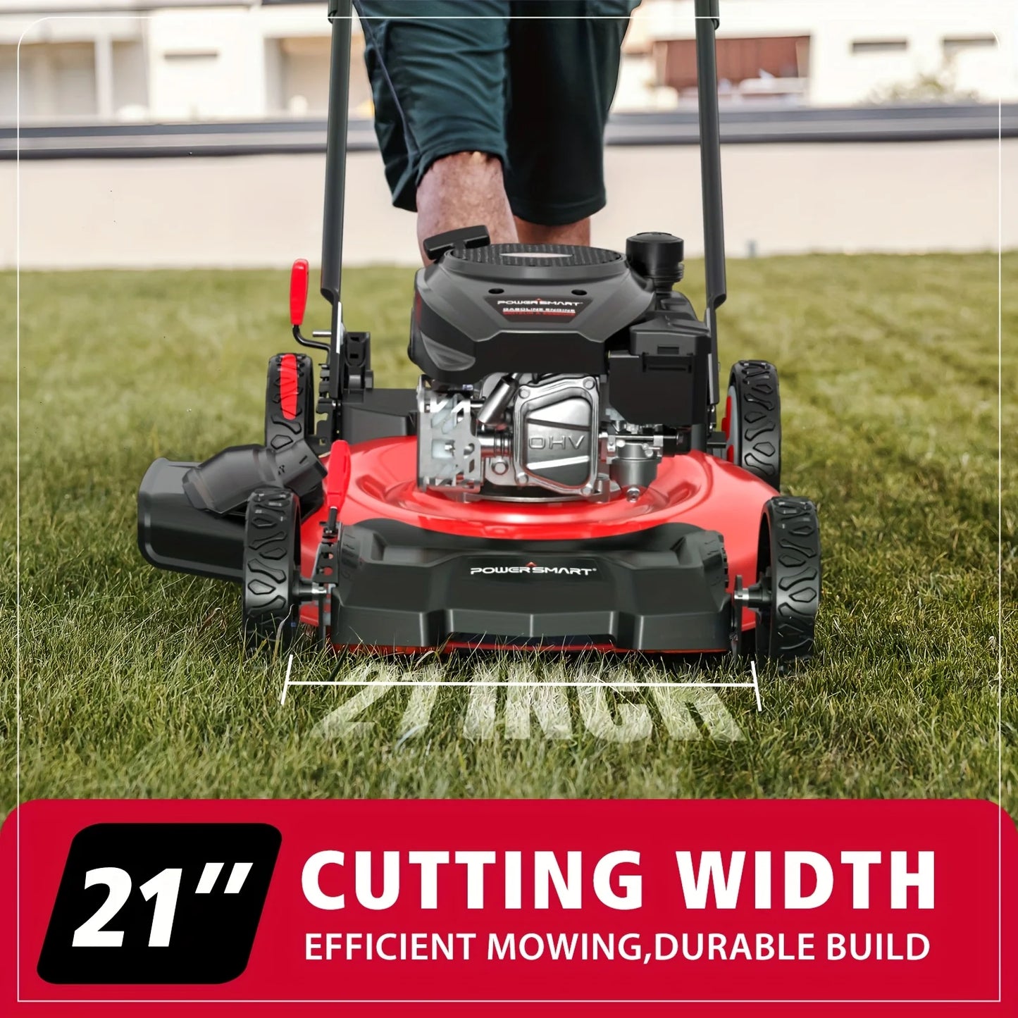 PowerSmart 21 in. 144cc Gas Push Lawn Mower, 2-in-1 Mulching and Discharge, 6-Position Height Adjustment, High Rear Wheels, Gard