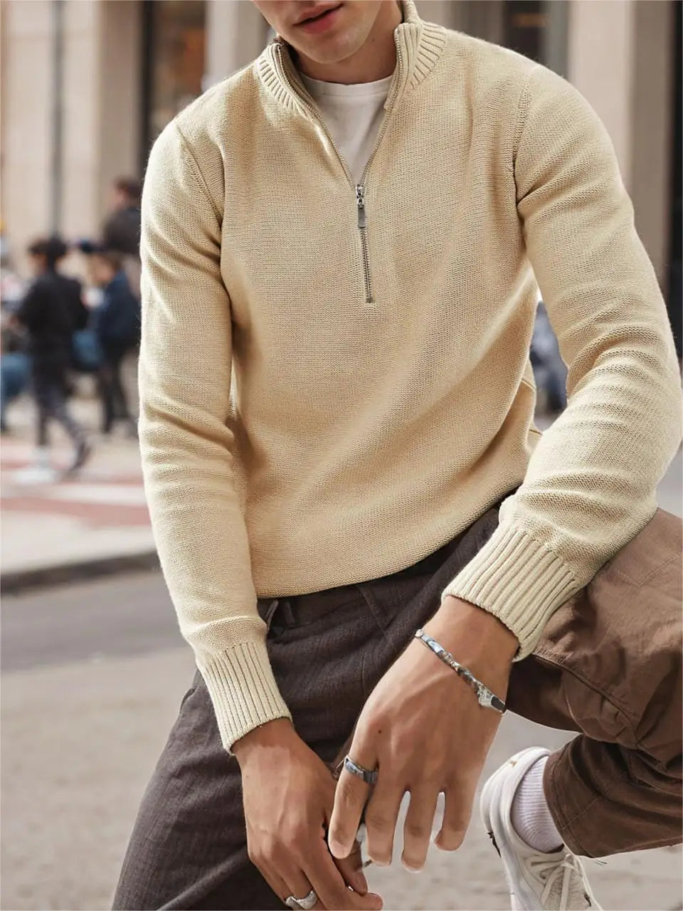 Men's Slim Fit Knitted Quarter Zip Turtleneck Sweater Casual Long Sleeve Mock Neck Pullover