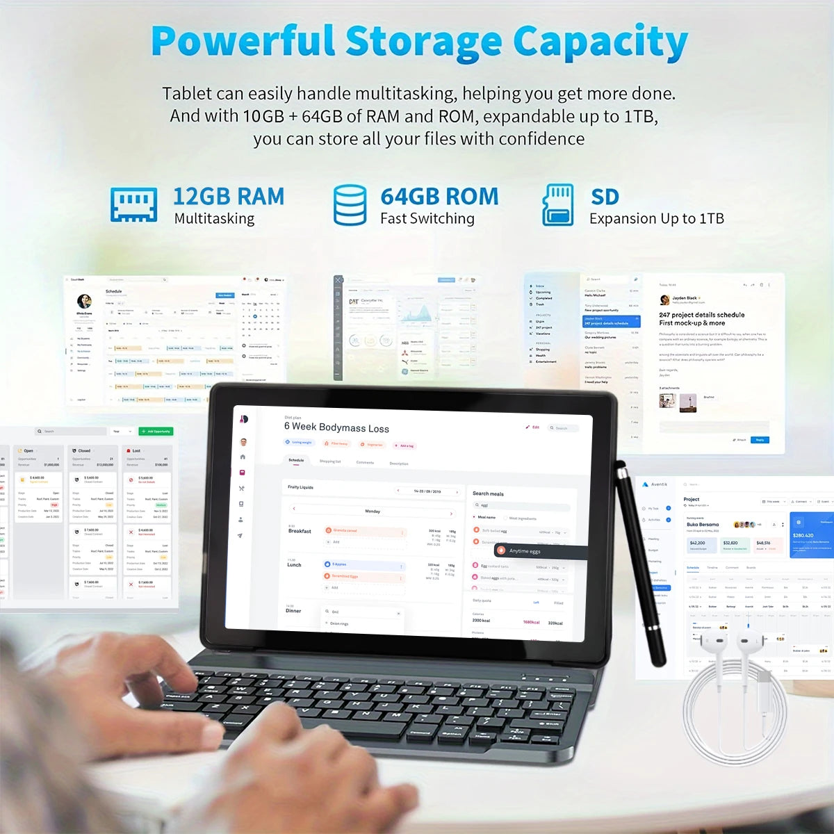 A10L 10 Inch Tablet Android 14 12GB RAM 64GB ROM 1TB Expand WiFi6 Face Unlock HD IPS Screen Keyboard Mouse Stylus With Pick Bag