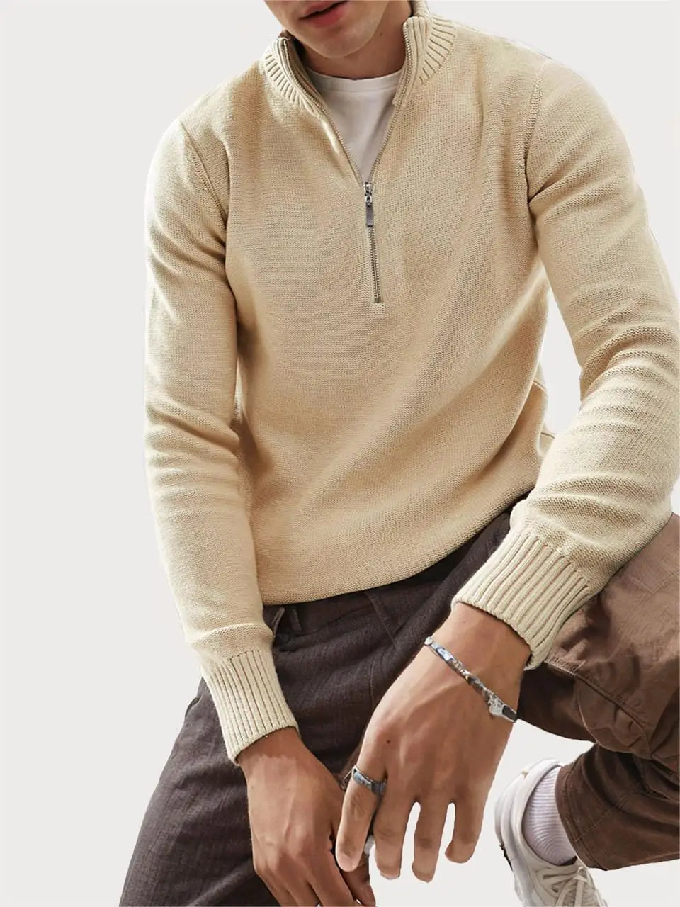 Men's Slim Fit Knitted Quarter Zip Turtleneck Sweater Casual Long Sleeve Mock Neck Pullover