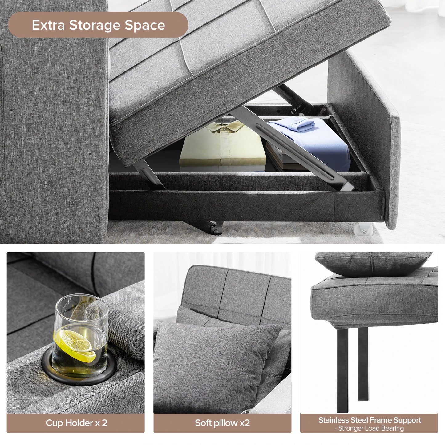 Comhoma Convertible Sofa Bed Armchair with Cup Holders, 3-in-1 Futon Bed Chair with Side Pocket (Drak Grey)
