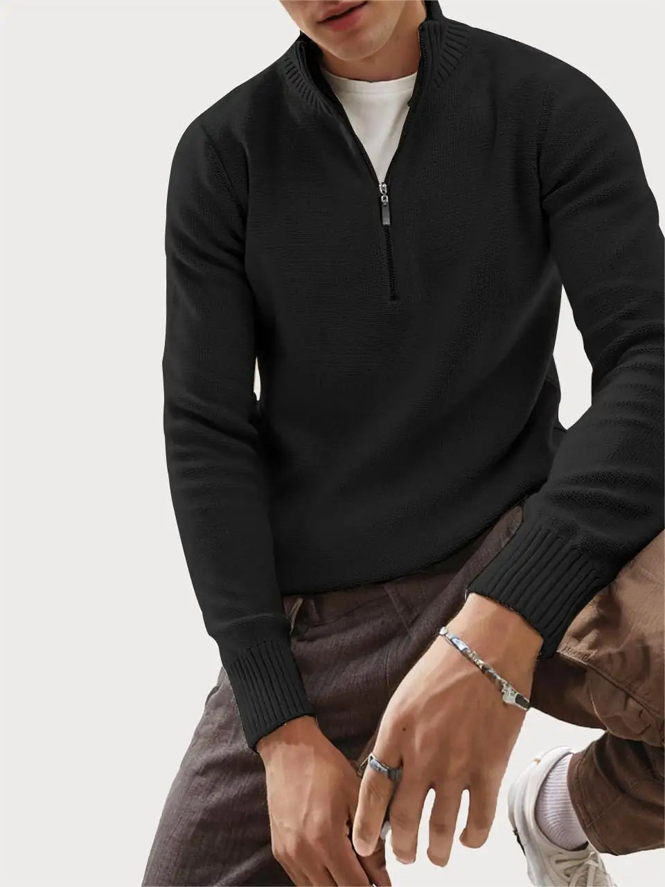 Men's Slim Fit Knitted Quarter Zip Turtleneck Sweater Casual Long Sleeve Mock Neck Pullover