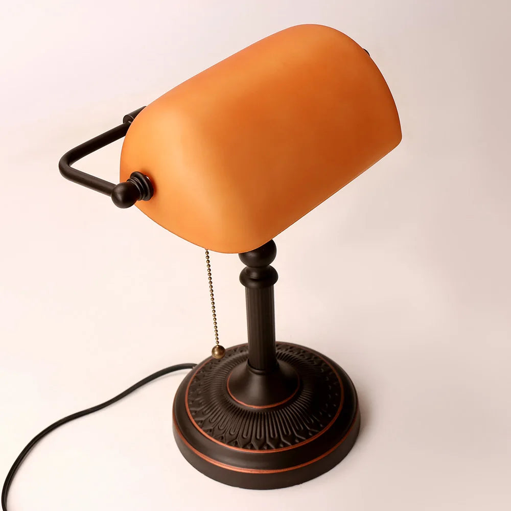 Matted Orange Glass Bankers Desk Lamp with Pull Chain Switch Plug in Fixture living room bedroom bedside study desk lamp
