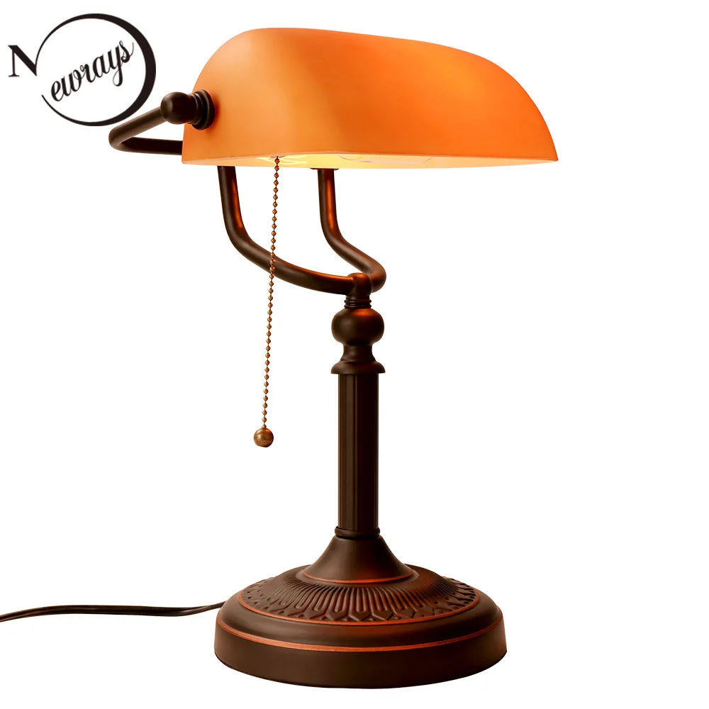 Matted Orange Glass Bankers Desk Lamp with Pull Chain Switch Plug in Fixture living room bedroom bedside study desk lamp