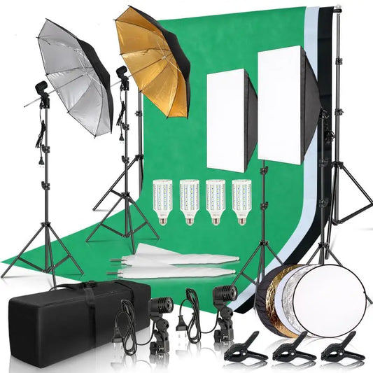 Photography Softbox Lighting Kit With Background Frame Tripod Stand Reflector Board And Umbrellas