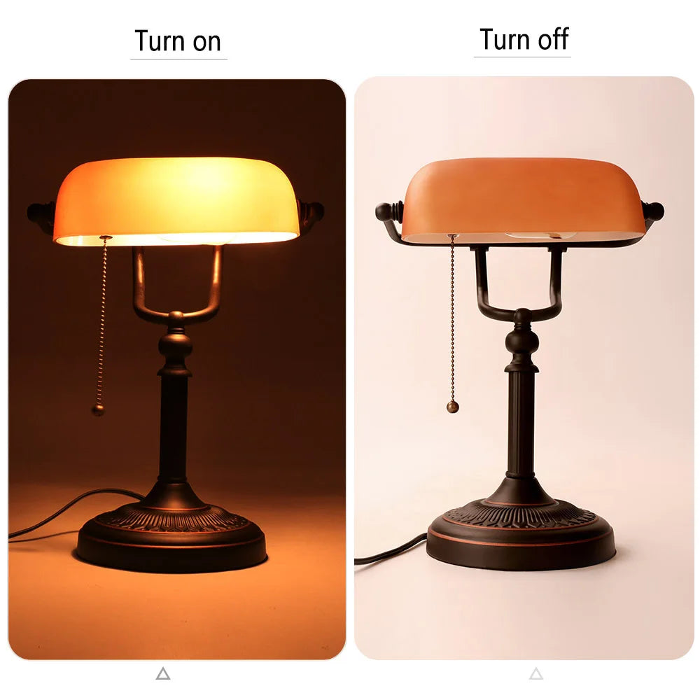 Matted Orange Glass Bankers Desk Lamp with Pull Chain Switch Plug in Fixture living room bedroom bedside study desk lamp