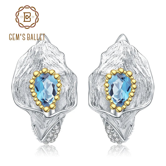 GEM'S BALLET 1.68Ct Natural Swiss Blue Topaz Callalily Leaf Earrings 925 Sterling Silver Handmade Stud Earrings for Women Bijoux