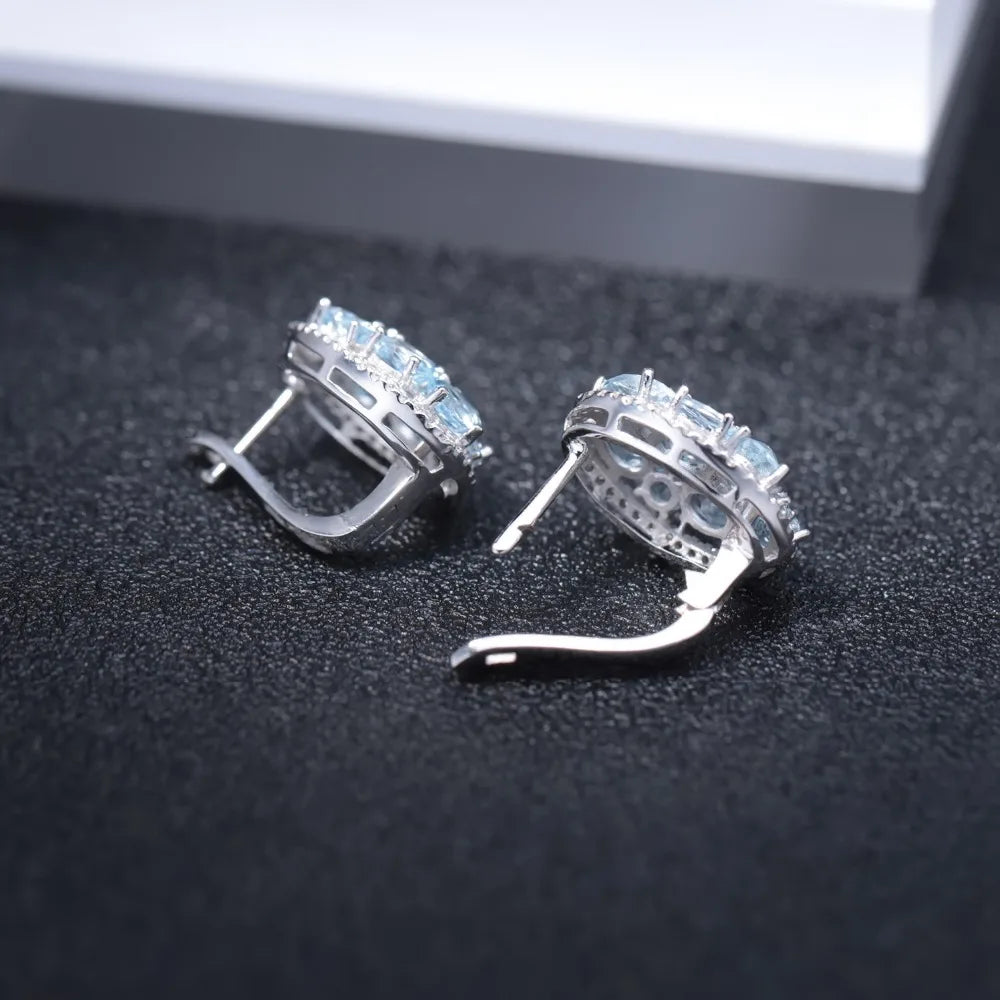 GEM'S BALLET Natural Sky Blue Topaz Pure 925 Sterling Silver Oval Clip Earrings Women Gift Vintage Luxury Fine Costume Jewelry
