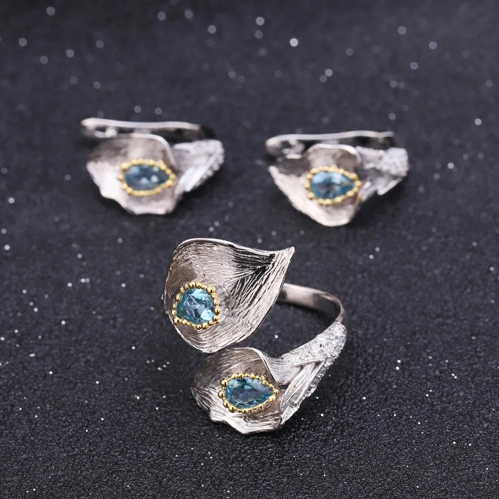 GEM'S BALLET 1.68Ct Natural Swiss Blue Topaz Callalily Leaf Earrings 925 Sterling Silver Handmade Stud Earrings for Women Bijoux