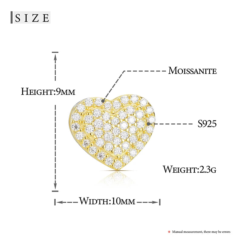 Real Moissanite Gold Heart Stud Earrings 925 Sterling Silver