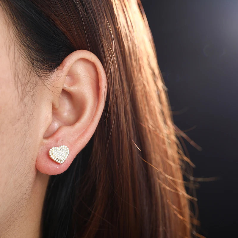 Real Moissanite Gold Heart Stud Earrings 925 Sterling Silver