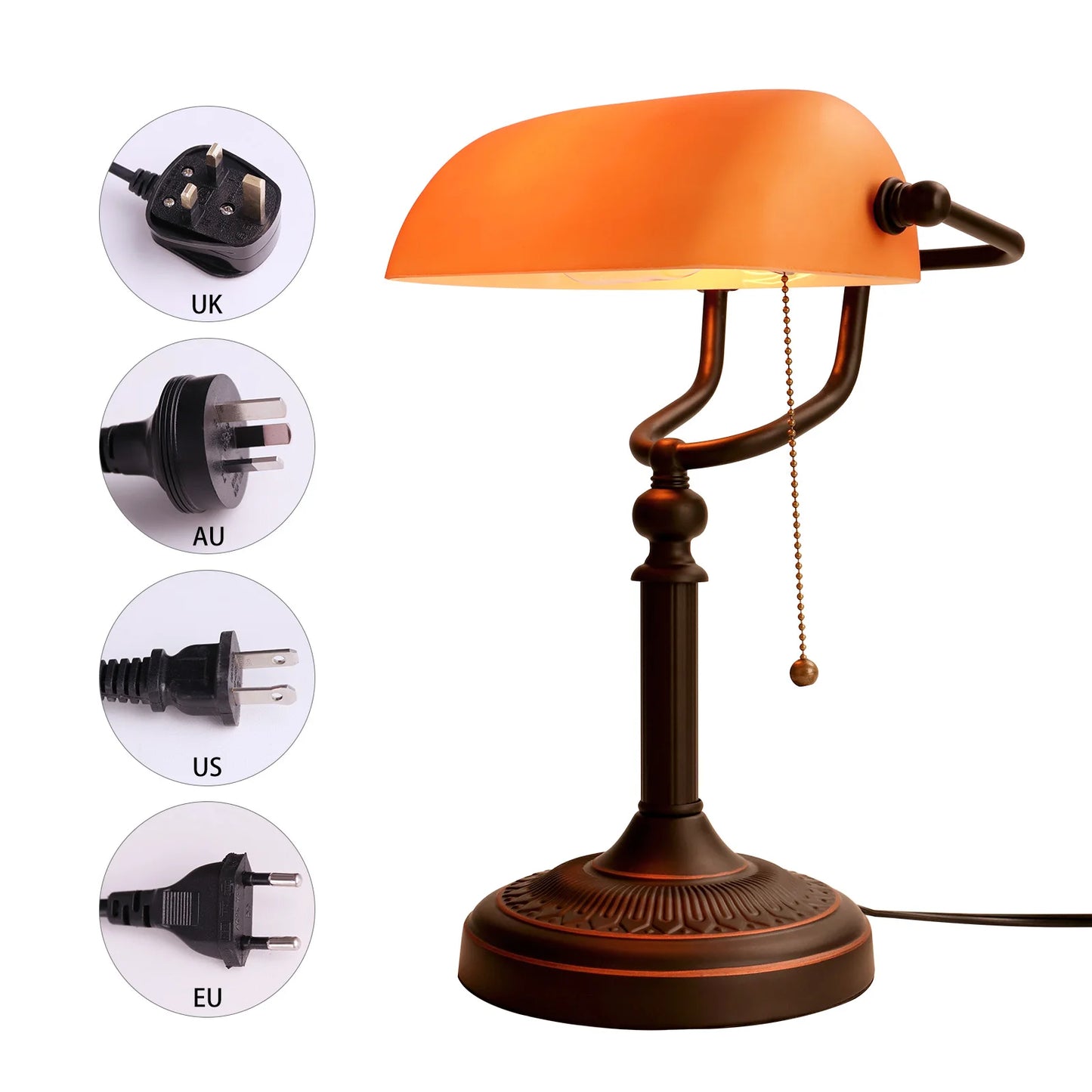 Matted Orange Glass Bankers Desk Lamp with Pull Chain Switch Plug in Fixture living room bedroom bedside study desk lamp