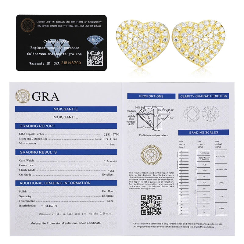 100% Real Moissanite Gemstone Gold Heart Stud Earrings Top 925 Sterling Silver Shining Moissanite Diamond Fashion Jewelry 2021
