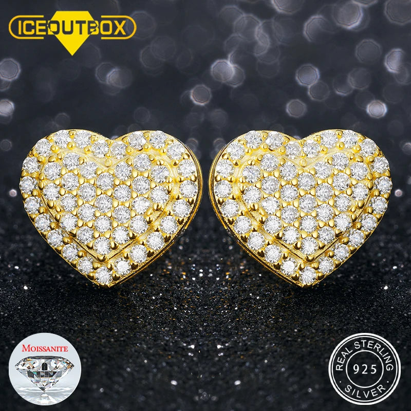 Real Moissanite Gold Heart Stud Earrings 925 Sterling Silver