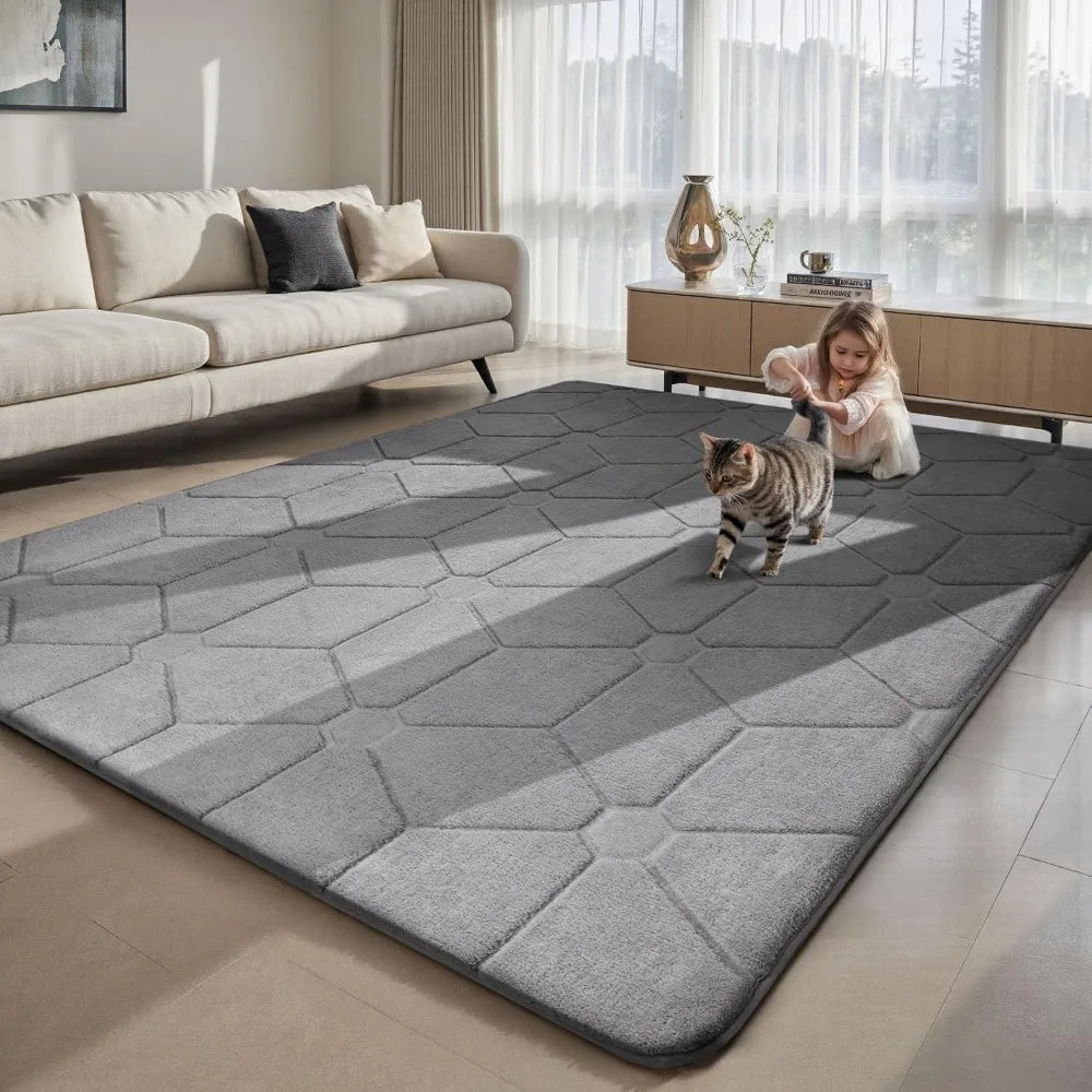 Area Rugs 9x12 Living Room, Soft Large Area Rug Fluffy Grey Rugs for Bedroom，Machine Washable Area Rug Non Slip Carpet Rug for