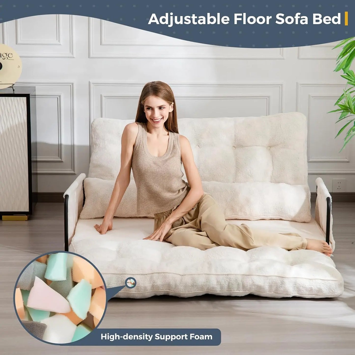 5-Position Boucle Bean Bag Bed, Convertible Lazy Sofa Sleeper Bed with Armrest, Versatile Floor Seating Sofa for Living Room