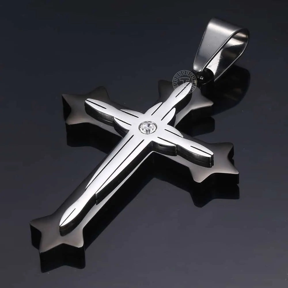 Hermah Mens Boys Gold Black Silver Color Stainless Steel Double Layer Cross Pendant w/ Clear Rhinestone Fashion Jewelry