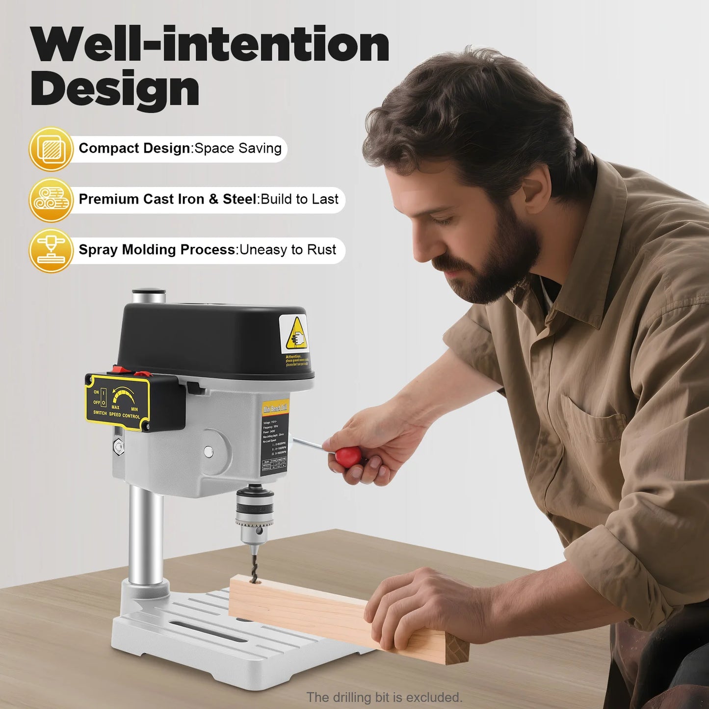 340W Mini Bench Drill Press, 0-16000RPM 3-Speed, Precision Depth Gauge for Wood Metal DIY Craft Model Making